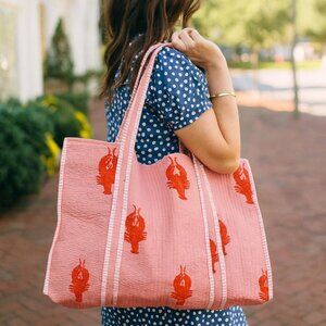 BRAND NEW Pink Lobster Print Recycled Ripstop Nylon Reusable Tote Bag